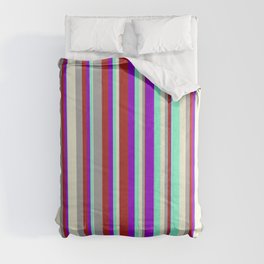 [ Thumbnail: Dark Violet, Red, Dark Grey, Beige & Aquamarine Colored Striped Pattern Comforter ]