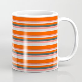[ Thumbnail: Dark Slate Gray, Salmon, Light Grey & Red Colored Pattern of Stripes Coffee Mug ]