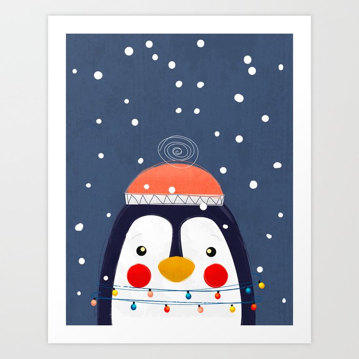 Christmas Penguin with fairy lights no2 Art Print