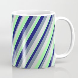 [ Thumbnail: Light Grey, Green, Midnight Blue, and Light Slate Gray Colored Stripes/Lines Pattern Coffee Mug ]