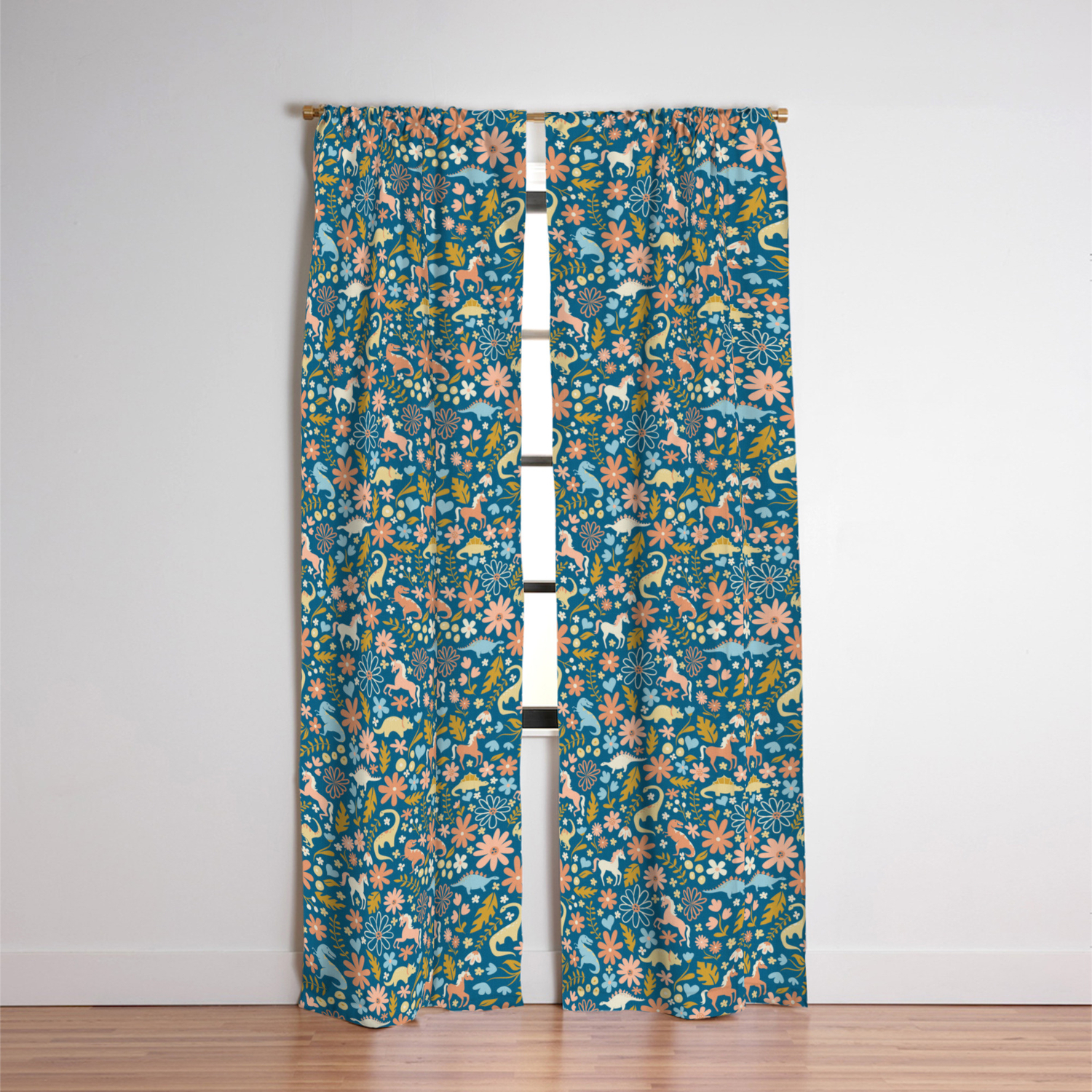 Dinosaurs Unicorns In Blue Coral Blackout Curtain By Latheandquill Society6