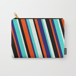 [ Thumbnail: Vibrant Mint Cream, Turquoise, Midnight Blue, Red & Black Colored Lines/Stripes Pattern Carry-All Pouch ]