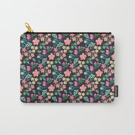Elegant Hand-Drawn Pink Floral Black Design Carry-All Pouch