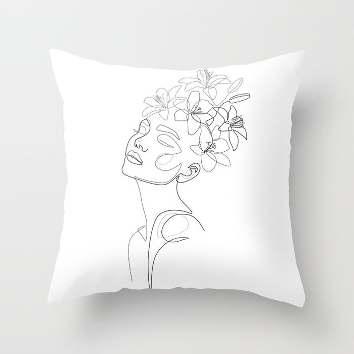 Lily Beauty / Floral girl portrait drawing Throw Pillow