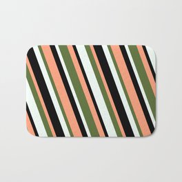 [ Thumbnail: Light Salmon, Dark Olive Green, Mint Cream, and Black Colored Pattern of Stripes Bath Mat ]