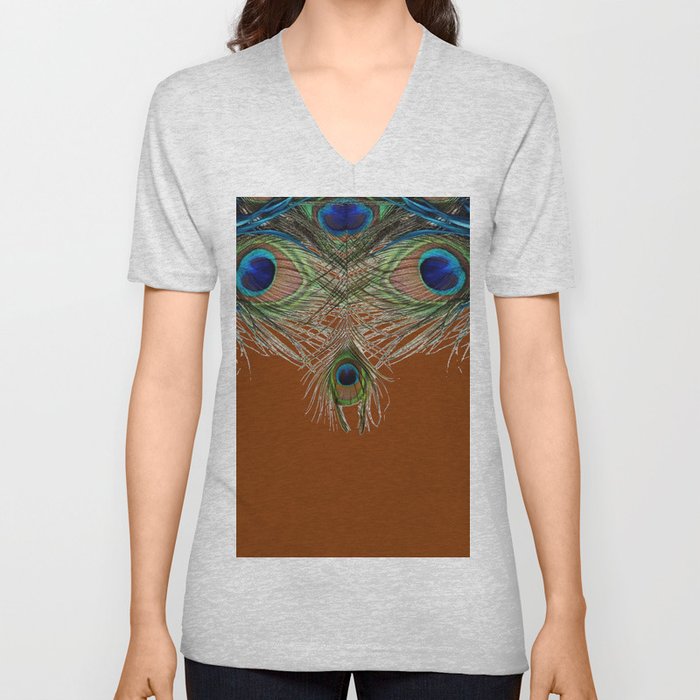 COFFEE BROWN BLUE-GREEN PEACOCK FEATHERS ART V Neck T Shirt