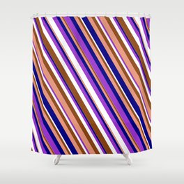 [ Thumbnail: Eye-catching Dark Orchid, White, Brown, Dark Salmon & Blue Colored Stripes Pattern Shower Curtain ]