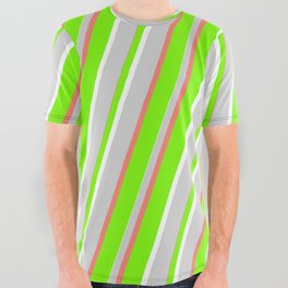 [ Thumbnail: Green, White, Light Gray & Salmon Colored Striped/Lined Pattern All Over Graphic Tee ]