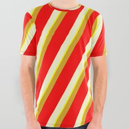 [ Thumbnail: Goldenrod, Red, Light Yellow & Yellow Colored Striped/Lined Pattern All Over Graphic Tee ]