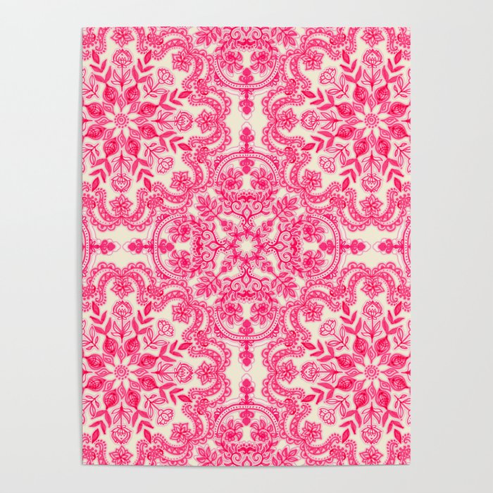 Hot Pink & Soft Cream Folk Art Pattern Poster