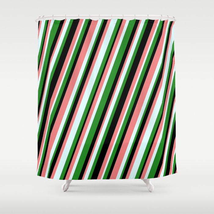 Forest Green, Black, Light Coral & Light Cyan Colored Stripes/Lines Pattern Shower Curtain