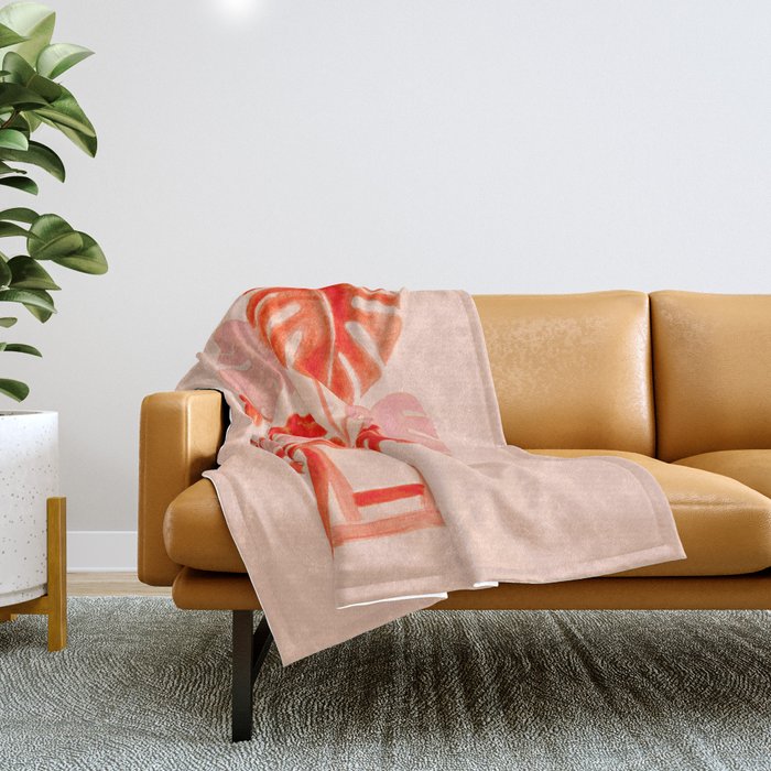 Coral Monstera Throw Blanket