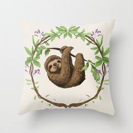 Sloth in Jungle Wreath Throw Pillow