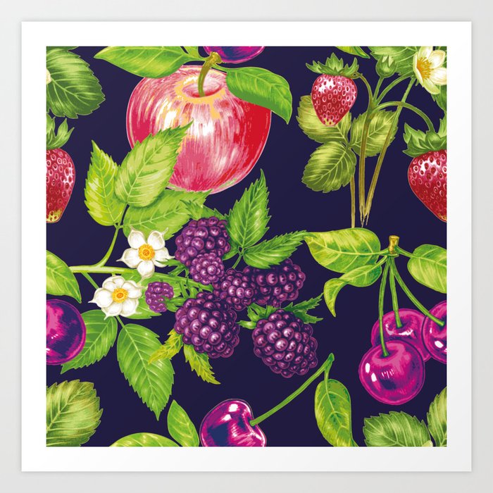 Floral Cherries and Bluebarry Art Print