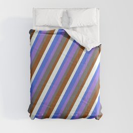[ Thumbnail: Eye-catching Dim Grey, Brown, Mint Cream, Royal Blue, and Purple Colored Lines/Stripes Pattern Comforter ]