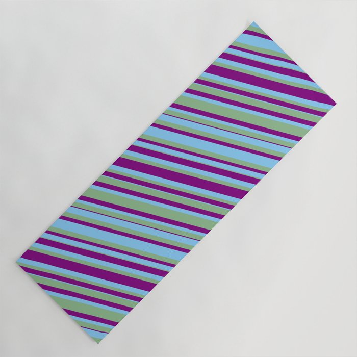 Purple, Light Sky Blue & Dark Sea Green Colored Lined/Striped Pattern Yoga Mat