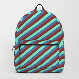 [ Thumbnail: Aquamarine, Blue & Red Colored Lined/Striped Pattern Backpack ]