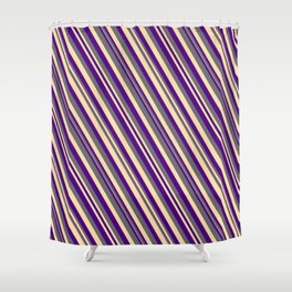 [ Thumbnail: Indigo, Dim Grey, and Tan Colored Lined Pattern Shower Curtain ]
