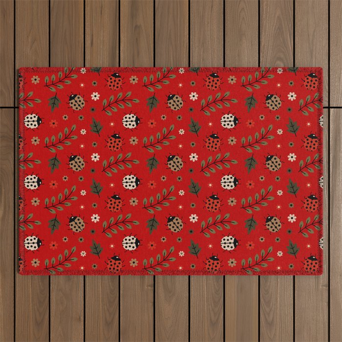 Ladybug and Floral Seamless Pattern on Red Background Outdoor Rug