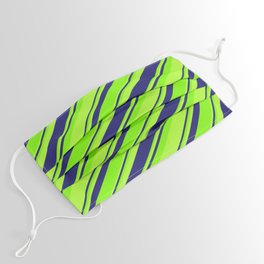 [ Thumbnail: Green, Light Green & Midnight Blue Colored Striped/Lined Pattern Face Mask ]