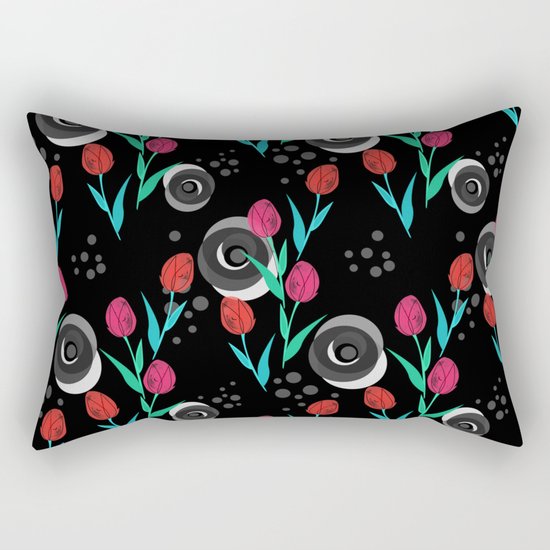 Abstract floral pattern tulips. Black background . Rectangular Pillow