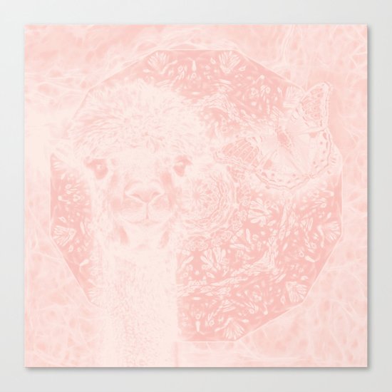 Ghostly alpaca and butterfly with mandala in Rose Quartz Canvas Print