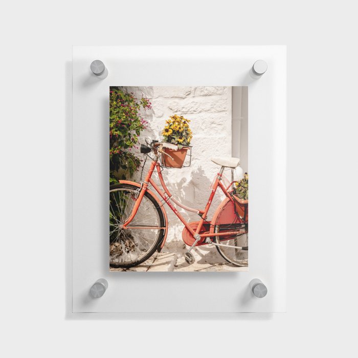 Red bicycle blooming sunflowers on Italian Streets | Travel Fine Art Photography Floating Acrylic Print