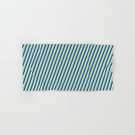 [ Thumbnail: Blue, Light Cyan, Green, and Light Sky Blue Colored Lines/Stripes Pattern Hand & Bath Towel ]