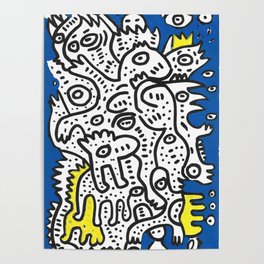 Yellow Blue Graffiti Art Doodle Black and White  Poster