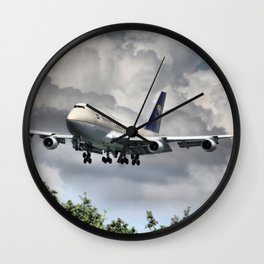 Moody Jumbo Arrival Wall Clock | Vacation, Stormy, Jumbo, Aviation, Cargo, Aeroplane, Landing, 747, Arrival, Photo 
