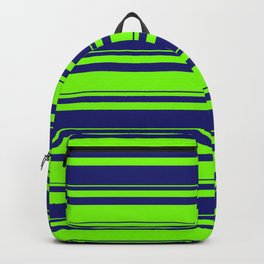 [ Thumbnail: Green and Midnight Blue Colored Lines/Stripes Pattern Backpack ]