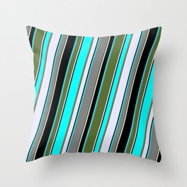 [ Thumbnail: Eyecatching Aqua, Grey, Dark Olive Green, Lavender & Black Colored Lines/Stripes Pattern Throw Pillow ]