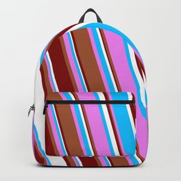 [ Thumbnail: Vibrant Violet, Sienna, Maroon, White, and Deep Sky Blue Colored Stripes Pattern Backpack ]