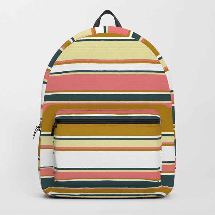 Dark Slate Gray, Pale Goldenrod, Light Coral, Dark Goldenrod, and White Colored Striped Pattern Backpack