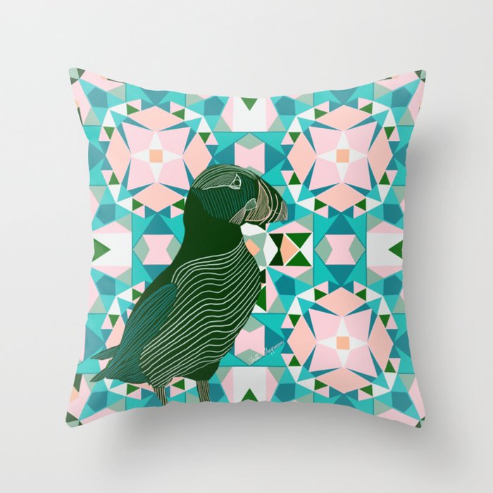 Cute Puffin bird on a geometric teal and pink patterned background Throw Pillow
