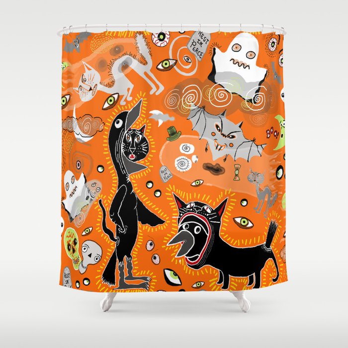 Halloween Costume Contest Black Cat Vs Raven Shower Curtain By
