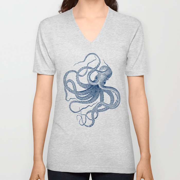 Blue nautical vintage octopus illustration V Neck T Shirt