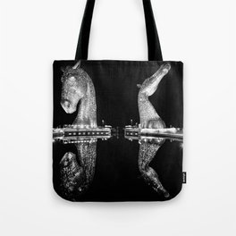 Mythological Kelpies, Horse Sculptures, The Helix, Scotland black and white photograph, 2019 Tote Bag
