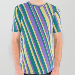 [ Thumbnail: Teal, Purple, and Tan Colored Lines Pattern All Over Graphic Tee ]