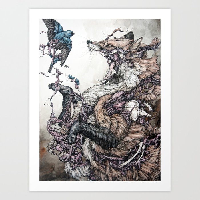 Red Fox and Indigo Bunting Art Print