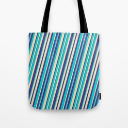 [ Thumbnail: Dark Turquoise, Tan, and Dark Slate Blue Colored Lines/Stripes Pattern Tote Bag ]