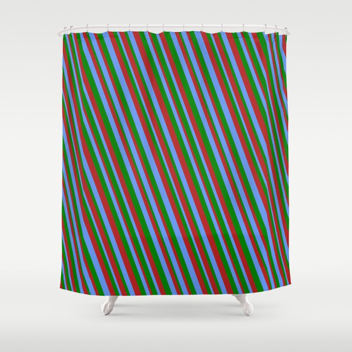 Cornflower Blue, Green & Red Colored Stripes Pattern Shower Curtain