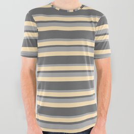 [ Thumbnail: Dim Grey, Dark Grey, and Beige Colored Stripes Pattern All Over Graphic Tee ]