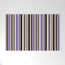 [ Thumbnail: Slate Blue, Pale Goldenrod, Black & Tan Colored Striped/Lined Pattern Welcome Mat ]