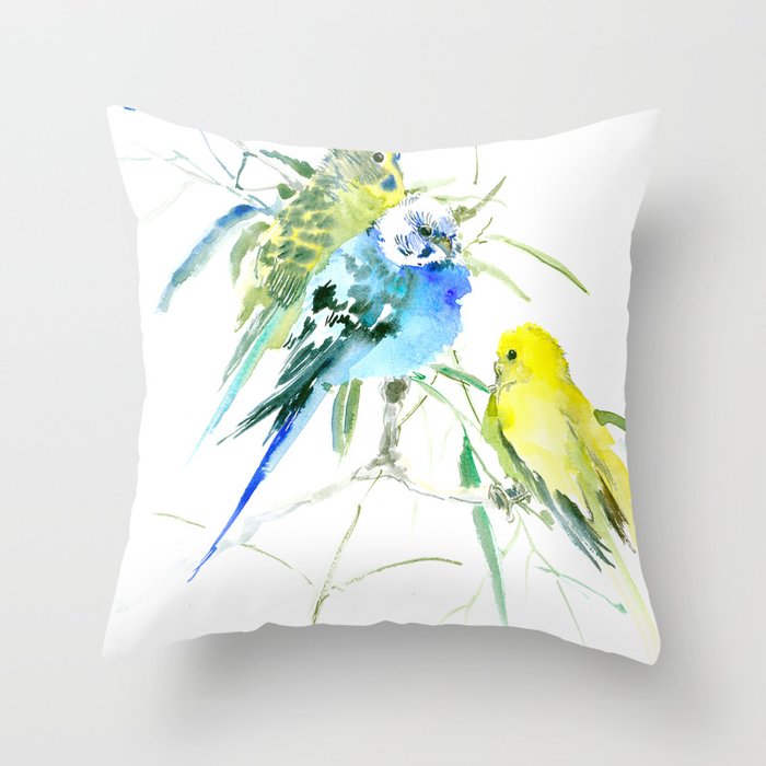 Parakeets green yellow blue bird decor Throw Pillow