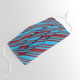[ Thumbnail: Deep Sky Blue and Dark Red Colored Lined Pattern Face Mask ]