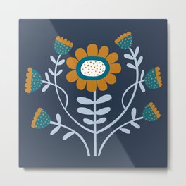 Arts and Crafts Folk Floral - Caramel and teal on Navy by Cecca Designs Metal Print | Lightblue, Flowers, Christmasgift, Floral, Drawing, Teal, Pattern, Stockingfiller, Stockingstuffer, Birthdaycard 