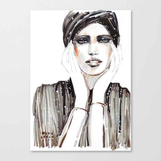 Fashion sketch in markers and pencil Canvas Print