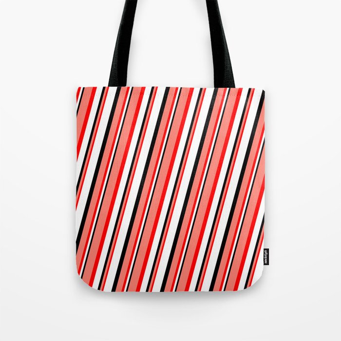 Salmon, Red, White, and Black Colored Striped/Lined Pattern Tote Bag