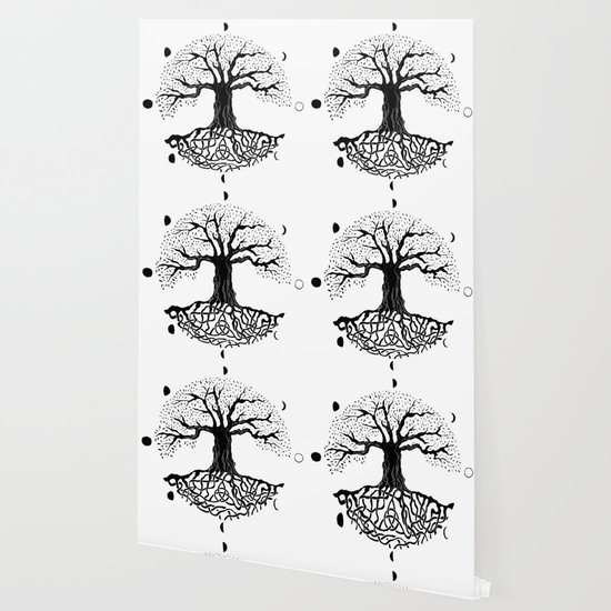 Black And White Tree Of Life With Moon Phases And Celtic Trinity